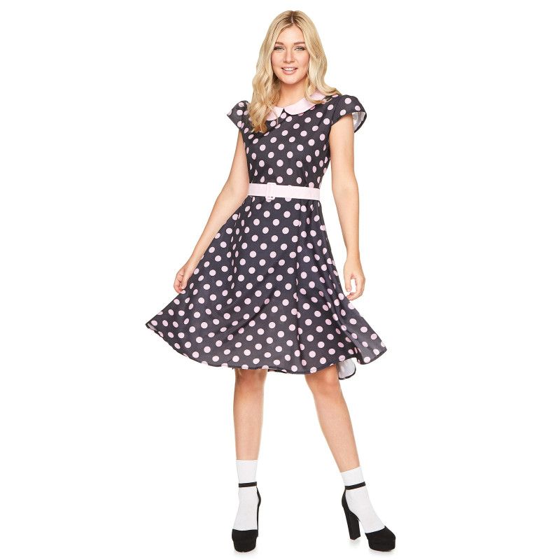 Déguisement femme années 50 noir à pois roses – taille L