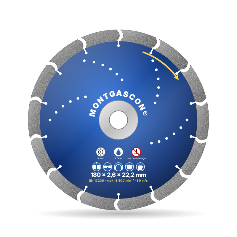Disque diamant béton armé polyvalent Ø 180 mm – alésage 22,2 mm Montgascon®