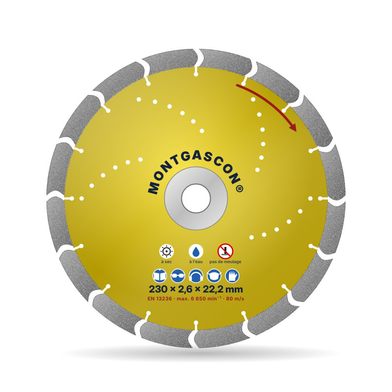 Disque diamant béton et pavés coupe rapide Ø 230 mm – alésage 22,2 mm Montgascon®