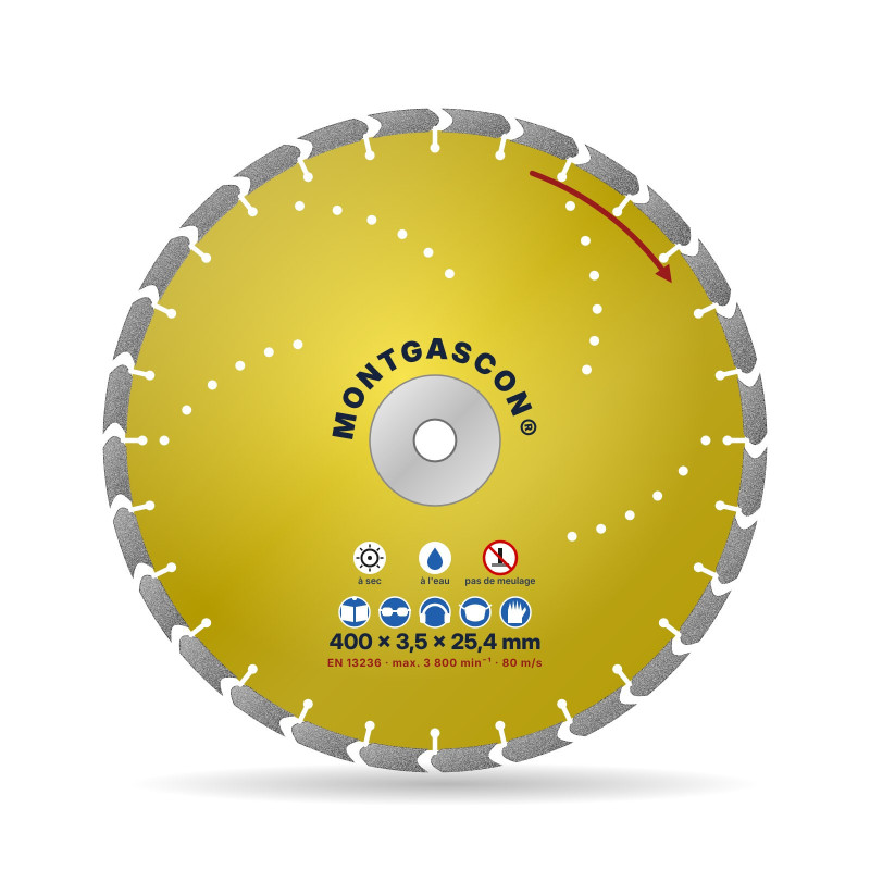 Disque diamant béton et pavés coupe rapide Ø 400 mm – alésage 25,4 mm Montgascon®