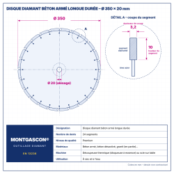 Plan technique coté – Disque diamant béton armé longue durée Ø 350 mm – alésage 20 mm Montgascon®