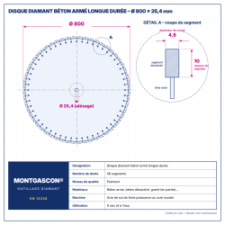 Plan technique coté – Disque diamant béton armé longue durée Ø 800 mm – alésage 25,4 mm Montgascon®