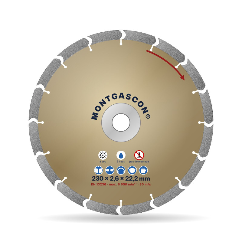 Disque diamant béton armé chantier Ø 230 mm – alésage 22,2 mm Montgascon®