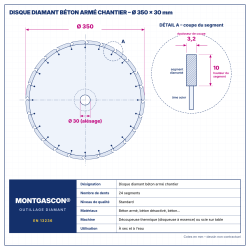 Plan technique coté – Disque diamant béton armé chantier Ø 350 mm – alésage 30 mm Montgascon®