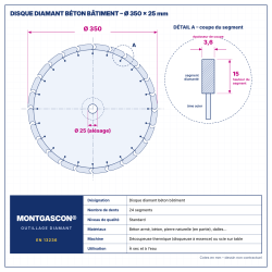 Plan technique coté – Disque diamant béton bâtiment Ø 350 mm – alésage 25 mm Montgascon®