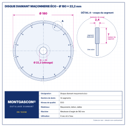 Plan technique coté – Disque diamant maçonnerie éco Ø 180 mm – alésage 22,2 mm Montgascon®
