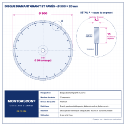 Plan technique coté – Disque diamant granit et pavés Ø 300 mm – alésage 20 mm Montgascon®