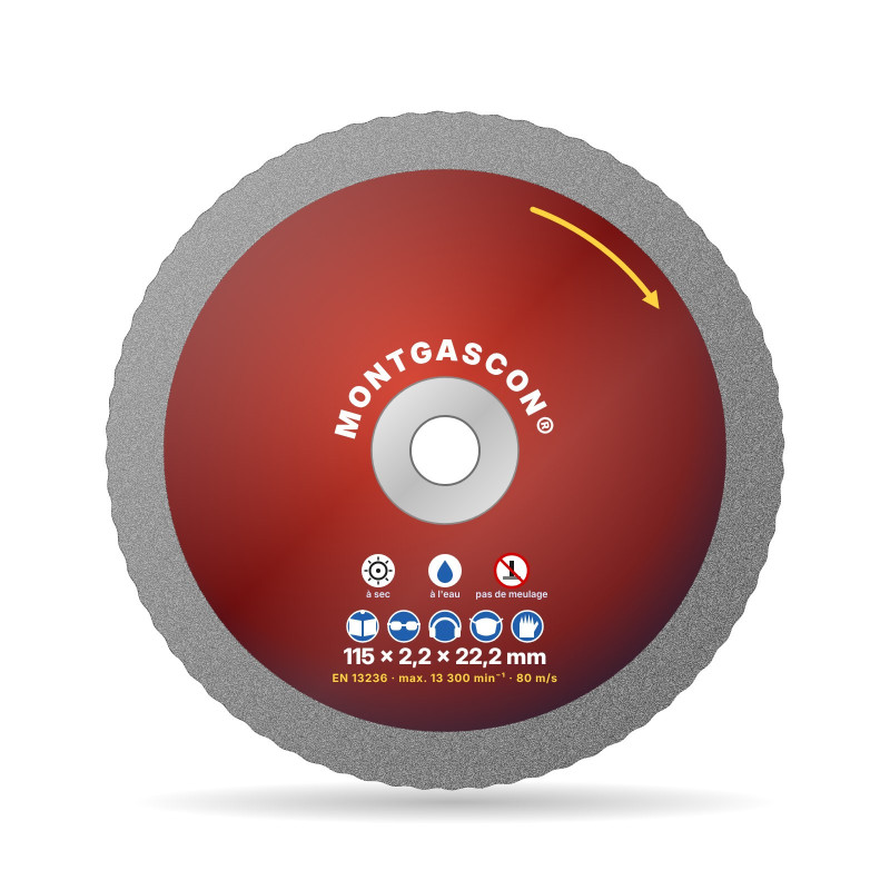 Disque diamant béton et granit coupe nette Ø 115 mm – alésage 22,2 mm Montgascon®