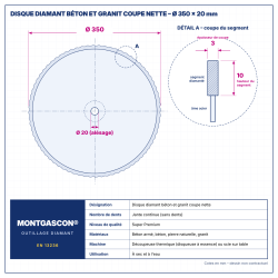 Plan technique coté – Disque diamant béton et granit coupe nette Ø 350 mm – alésage 20 mm Montgascon®