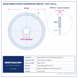 Plan technique coté – Disque diamant coupe et chanfrein des tubes PVC Ø 125 mm Montgascon®