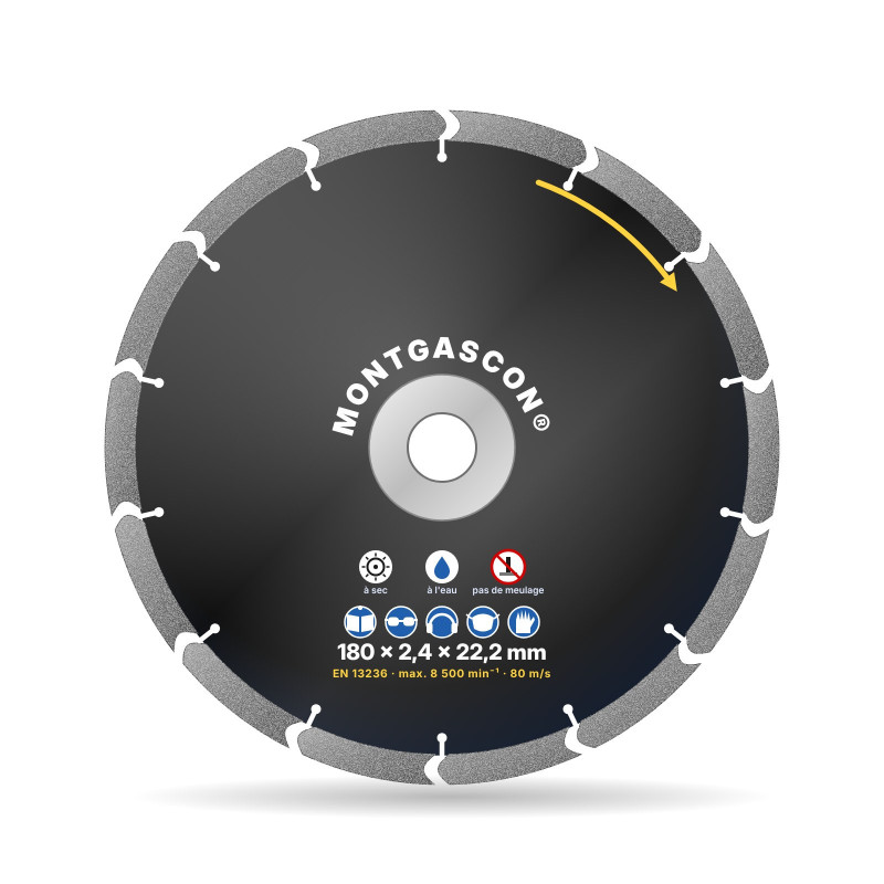 Disque diamant matériaux abrasifs Ø 180 mm – alésage 22,2 mm Montgascon®