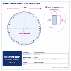 Plan technique coté – Disque diamant asphalte Ø 700 mm – alésage 25,4 mm Montgascon®