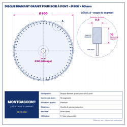 Plan technique coté – Disque diamant granit pour scie à pont Ø 800 mm – alésage 60 mm Montgascon®