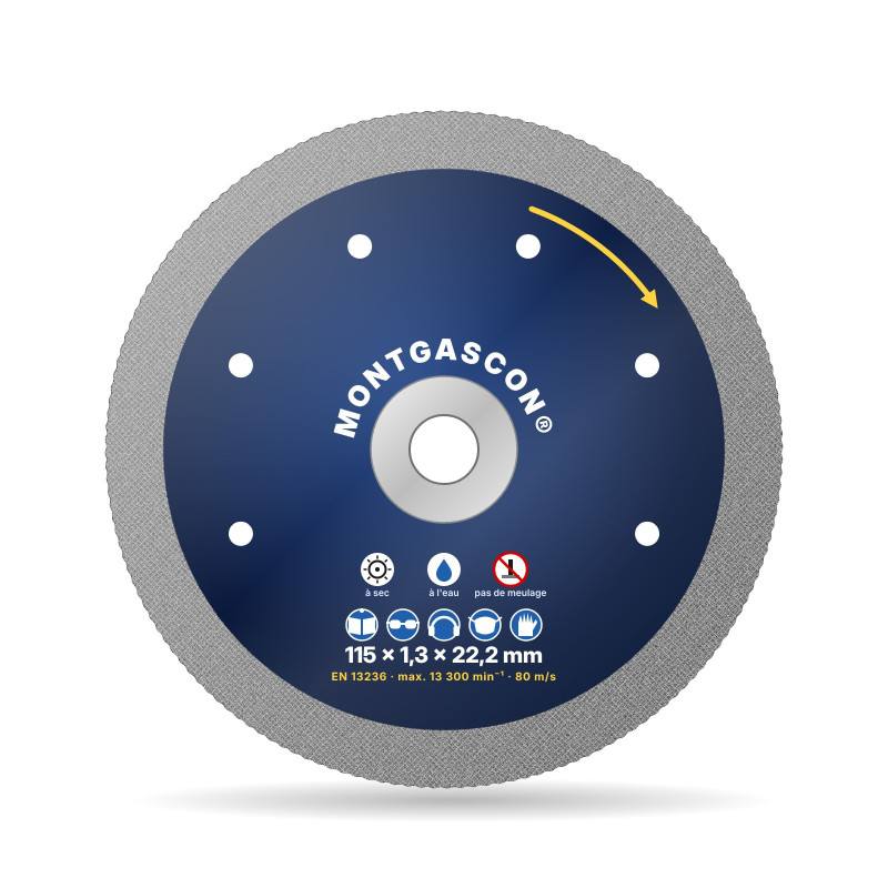 Disque diamant grès cérame sans éclats Ø 115 mm – alésage 22,2 mm Montgascon®