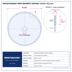 Plan technique coté – Disque diamant grès cérame et ardoise Ø 230 mm – alésage 22,2 mm Montgascon®