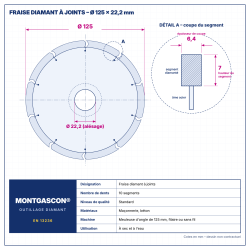 Plan technique coté – Fraise diamant à joints Ø 125 mm – largeur 6,4 mm Montgascon®