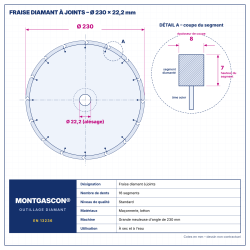 Plan technique coté – Fraise diamant à joints Ø 230 mm – largeur 8 mm Montgascon®