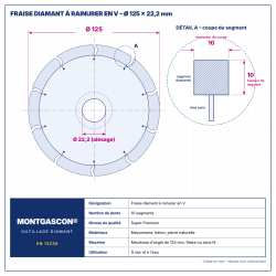 Plan technique coté – Fraise diamant à rainurer en V Ø 125 mm – largeur 10 mm Montgascon®