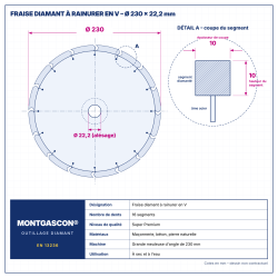 Plan technique coté – Fraise diamant à rainurer en V Ø 230 mm – largeur 10 mm Montgascon®