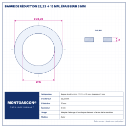 Plan technique coté – Bague de réduction Montgascon® 22,23 → 15 mm, épaisseur 3 mm