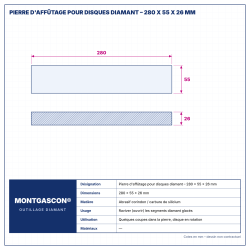 Plan technique coté – Pierre d'affûtage Montgascon® pour disques diamant – 280 x 55 x 26 mm