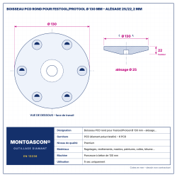 Plan technique coté – Boisseau PCD rond pour Festool/Protool Montgascon® Ø 130 mm – alésage 25/22,2 mm