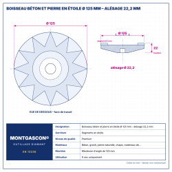 Plan technique coté – Boisseau béton et pierre en étoile Montgascon® Ø 125 mm – alésage 22,2 mm