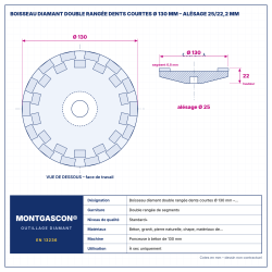 Plan technique coté – Boisseau diamant double rangée dents courtes Montgascon® Ø 130 mm – alésage 25/22,2 mm