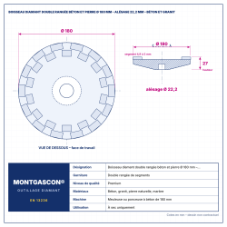 Plan technique coté – Boisseau diamant double rangée béton et pierre Montgascon® Ø 180 mm – alésage 22,2 mm – béton et granit
