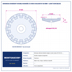 Plan technique coté – Boisseau diamant double rangée à code couleur Montgascon® Ø 125 mm – liant dur (bleu)