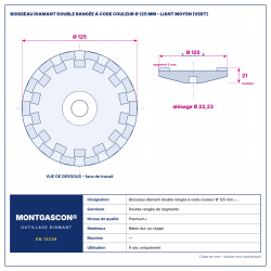 Plan technique coté – Boisseau diamant double rangée à code couleur Montgascon® Ø 125 mm – liant moyen (vert)