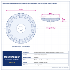 Plan technique coté – Boisseau diamant double rangée matériaux mi-durs Montgascon® Ø 125 mm – alésage 22,2 mm – spécial abrasif