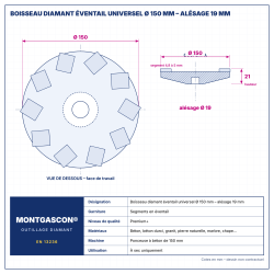 Plan technique coté – Boisseau diamant éventail universel Montgascon® Ø 150 mm – alésage 19 mm