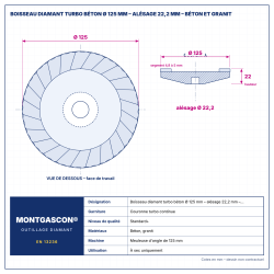Plan technique coté – Boisseau diamant turbo béton Montgascon® Ø 125 mm – alésage 22,2 mm – béton et granit