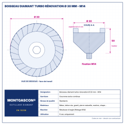 Plan technique coté – Boisseau diamant turbo rénovation Montgascon® Ø 30 mm – M14