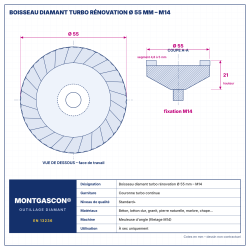 Plan technique coté – Boisseau diamant turbo rénovation Montgascon® Ø 55 mm – M14