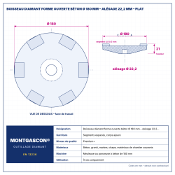 Plan technique coté – Boisseau diamant forme ouverte béton Montgascon® Ø 180 mm – alésage 22,2 mm – plat
