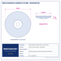 Plan technique coté – Meule boisseau carbure Montgascon® Ø 125 mm – grain moyen