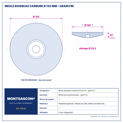 Plan technique coté – Meule boisseau carbure Montgascon® Ø 125 mm – grain fin