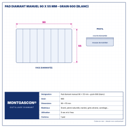 Plan technique coté – Pad diamant manuel Montgascon® 90 x 55 mm – grain 600 (blanc)