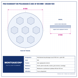 Plan technique coté – Pad diamant de polissage à sec Montgascon® Ø 100 mm – grain 100