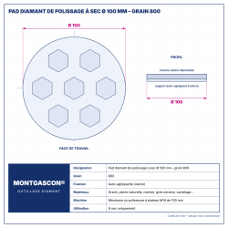 Plan technique coté – Pad diamant de polissage à sec Montgascon® Ø 100 mm – grain 800