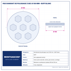 Plan technique coté – Pad diamant de polissage à sec Montgascon® Ø 100 mm – BUFF blanc