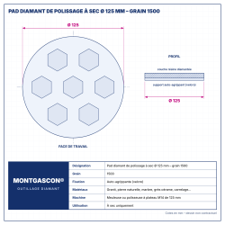 Plan technique coté – Pad diamant de polissage à sec Montgascon® Ø 125 mm – grain 1500