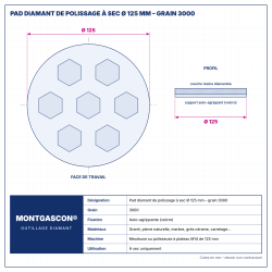 Plan technique coté – Pad diamant de polissage à sec Montgascon® Ø 125 mm – grain 3000