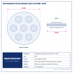 Plan technique coté – Pad diamant de polissage à sec Montgascon® Ø 125 mm – BUFF