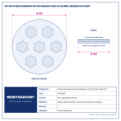 Plan technique coté – Kit de 8 pads diamant de polissage à sec Montgascon® Ø 125 mm, grains 50 à BUFF