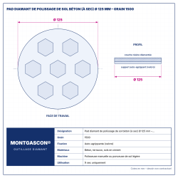 Plan technique coté – Pad diamant de polissage de sol béton (à sec) Montgascon® Ø 125 mm – grain 1500