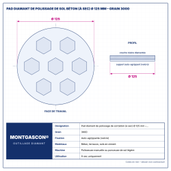 Plan technique coté – Pad diamant de polissage de sol béton (à sec) Montgascon® Ø 125 mm – grain 3000