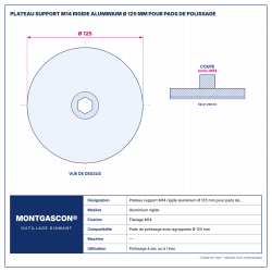 Plan technique coté – Plateau support M14 rigide aluminium Montgascon® Ø 125 mm pour pads de polissage